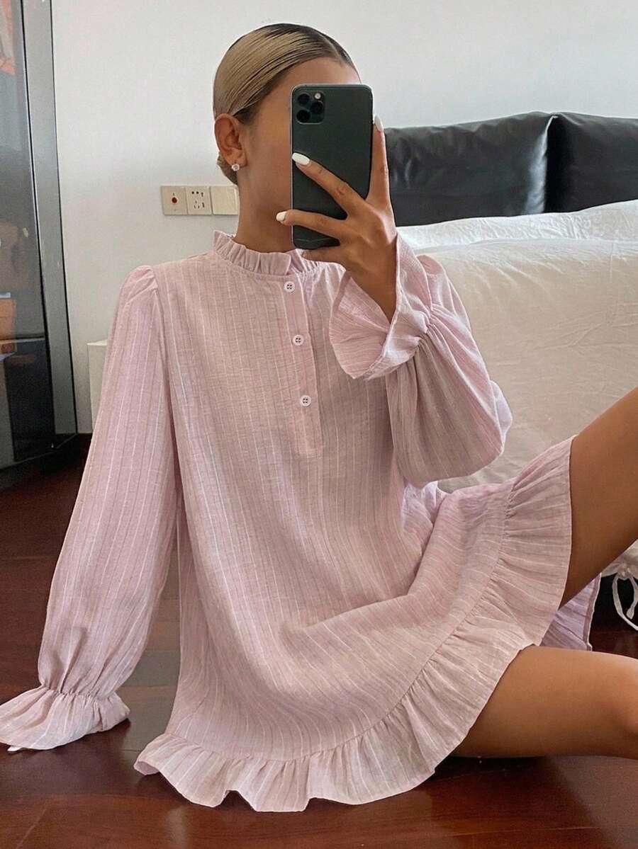 DAZY Camisón corto tipo cárdigan para mujer con ribete de volantes, manga larga, pijama de verano - Rosa - Ver 1