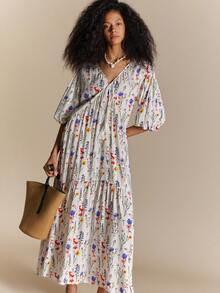 Écloséra French Country-Style Floral V-Neck Maxi Dress With A Drawstring Waist And Three-Quarter Lantern Sleeves-A Versatile, Casual Piece For Autumn Styling. - White - View 1