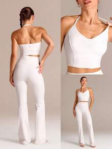GLOWMODE FeatherFit™ Breathable Lightweight Ruched Front Princess Seams Adjustable Halter Crop Tank Summer Yoga Pilates Gym - White - View 10