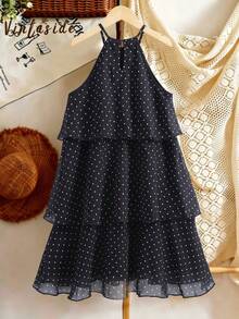 SHEIN Tween Girls' Pearl Chiffon Printed Polka Dot 3-Layer Cake Dress, Suitable For Summer Holidays - Black - View 2