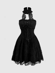 ROMWE Gaun Pendek Wanita Gaya Goth Mewah dengan Kerah Tegak, Bahan Beludru, Patchwork Renda, dan Tali Pengikat di Pinggang - Hitam - View 5