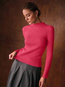MOTF PREMIUM SWEATER LAPISAN DASAR MINIMALIS UNTUK WANITA MUSIM GUGUR/DINGIN, KASUAL, UNTUK PERJALANAN SEHARI-HARI, WARNA POLOS, LEHER CORONG, POTONGAN RENDAH - Hot Pink - View 4