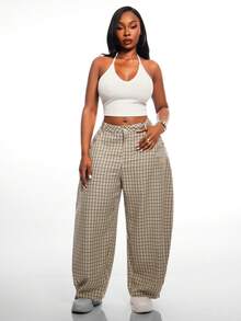 Radiana Plus Size Women's Plaid Button Spring/Summer Fashion Casual Loose Curved Leg Pants With Large Pockets - Multicolor - View 4