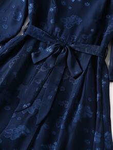 Rusticease Elegant Floral Print V-Neck Waist Knot Dress For Middle-Aged And Elderly Women - Navy Blue - View 5