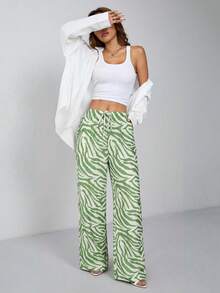 SHEIN PETITE 女款時尚動物紋斑馬紋寬腿長褲 - 薄荷綠 - 查看 3
