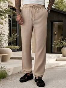 Manfinity Homme Men's Solid Color Drawstring Waist Casual Versatile Daily Travel Long Pants - Khaki - View 6