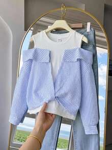 SHEIN Tween Girl Striped Minimalist 2 In 1 Patchwork Casual Long Sleeve Blouse , Fall/Winter - Blue and White - View 3