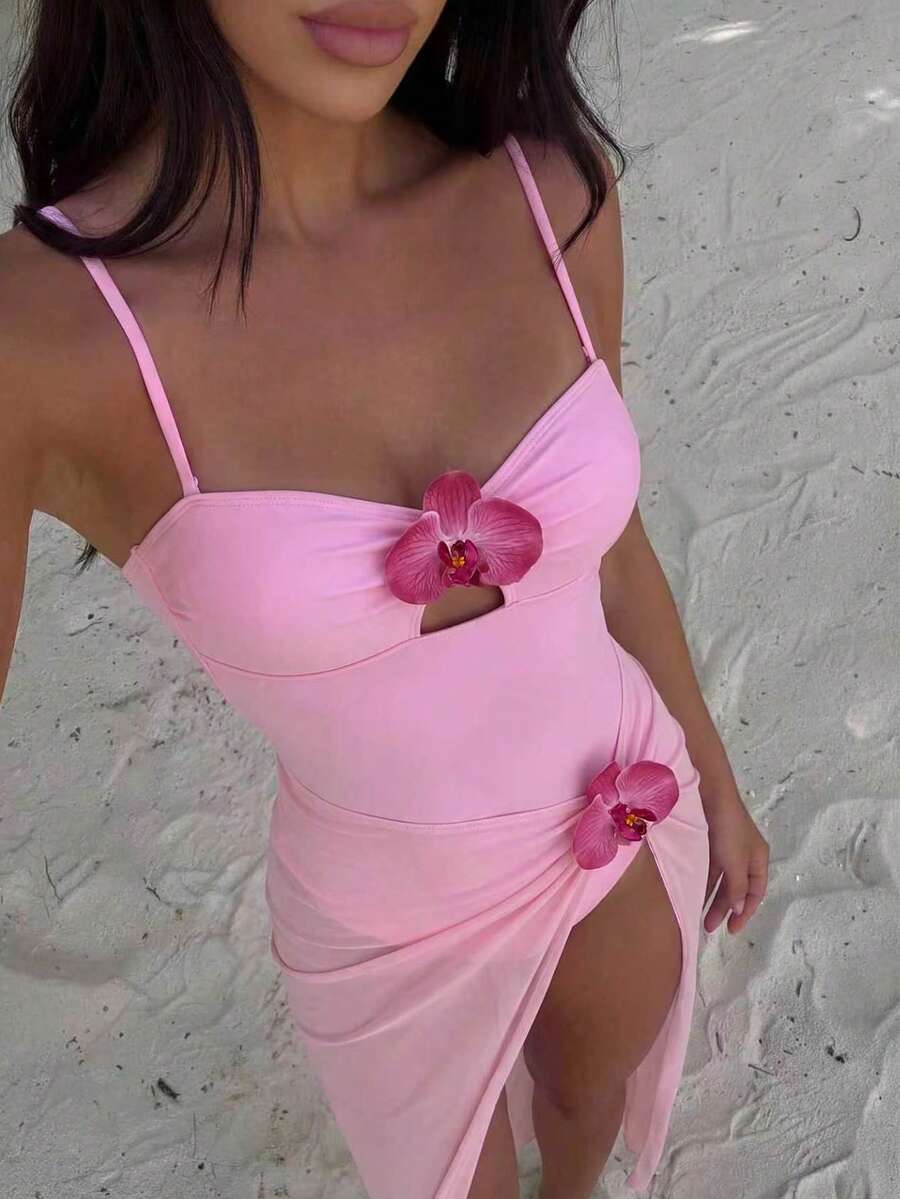 Bonvoyette Swim Oasis 2件組女款夏季純色細肩帶海星裝飾長裙與連身泳衣套裝 - 彩色 - 查看 1
