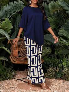 SHEIN Lady Women's Solid Color Round Neck Long Sleeve Top And Wide Leg Pants Casual Elegant Daily 2 Pieces Set Dinner Navy Blue Autumn - Multicolor - View 6
