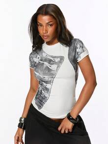 ROMWE Women's T-Shirt Napoleon Print White With Black Polka Dots Loose Punk Streetwear Graphic Hot Girl Spring Summer Y2K Going Out Night Out Daytime - White - View 1