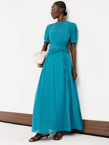 Aveloria Modichic French Elegant Women's Vacation Chiffon Dress With Pleated Chest, Exquisite Pleated Waist And Drawstring Design, Slimming Short Sleeve Long Dress, Ruched Round Neck, Tie Waist, High Waist, Fitted A-Line Silhouette, Patchwork Design, Blue-Green Lake Blue Solid Color, Lightweight Soft Draping, Summer Commute Casual Travel Vacation Wedding Mother's Day Graduation Holiday Outfit, Romantic Summer Style - Blue - View 5