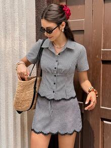 Serisse Ensemble 2 pièces chemise et jupe à carreaux décontracté pour vacances pour femmes - Noir et Blanc - Voir 4