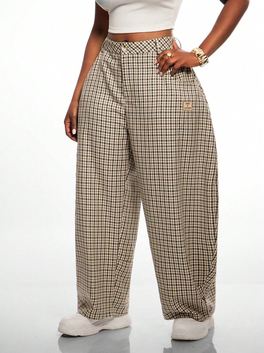 Radiana Plus Size Women's Plaid Button Spring/Summer Fashion Casual Loose Curved Leg Pants With Large Pockets - Multicolor - View 1