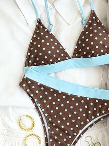 Swim Mod 女款夏季海灘波點印花性感時尚比基尼兩件式泳衣套裝，隨機印花 - 彩色 - 查看 4