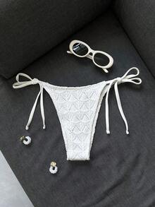 Bonvoyette Solid Color, Lacy, Knitted Triangle Swimsuit For Women, Low-Rise, With Straps. Bikini Bottom. Summer, Hot Springs, Vacation, Beachwear. Bikini Bottom. - White - View 4