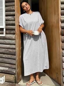 Dazy Plus Solid Color Casual Crew Neck Loose Short Sleeve Knit Maxi Dress Plus Size Women Spring Summer - Grey - View 1