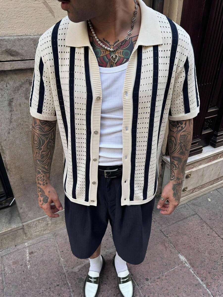 SERO LANO Old Money Men's Striped Short Sleeve Hollow-Out Single Breasted Casual Knit Top - Multicolor - View 1
