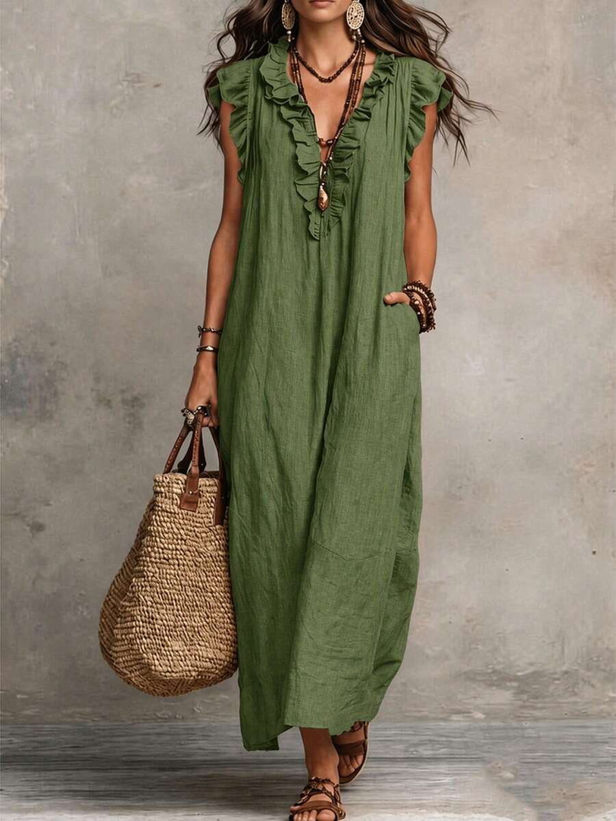 SHEIN Holidaya Women's Vacation Ruffle V-Neck Flutter Sleeve Dress, Women's Vacation Dress, Women's Apricot Dress - Dark Green - View 1
