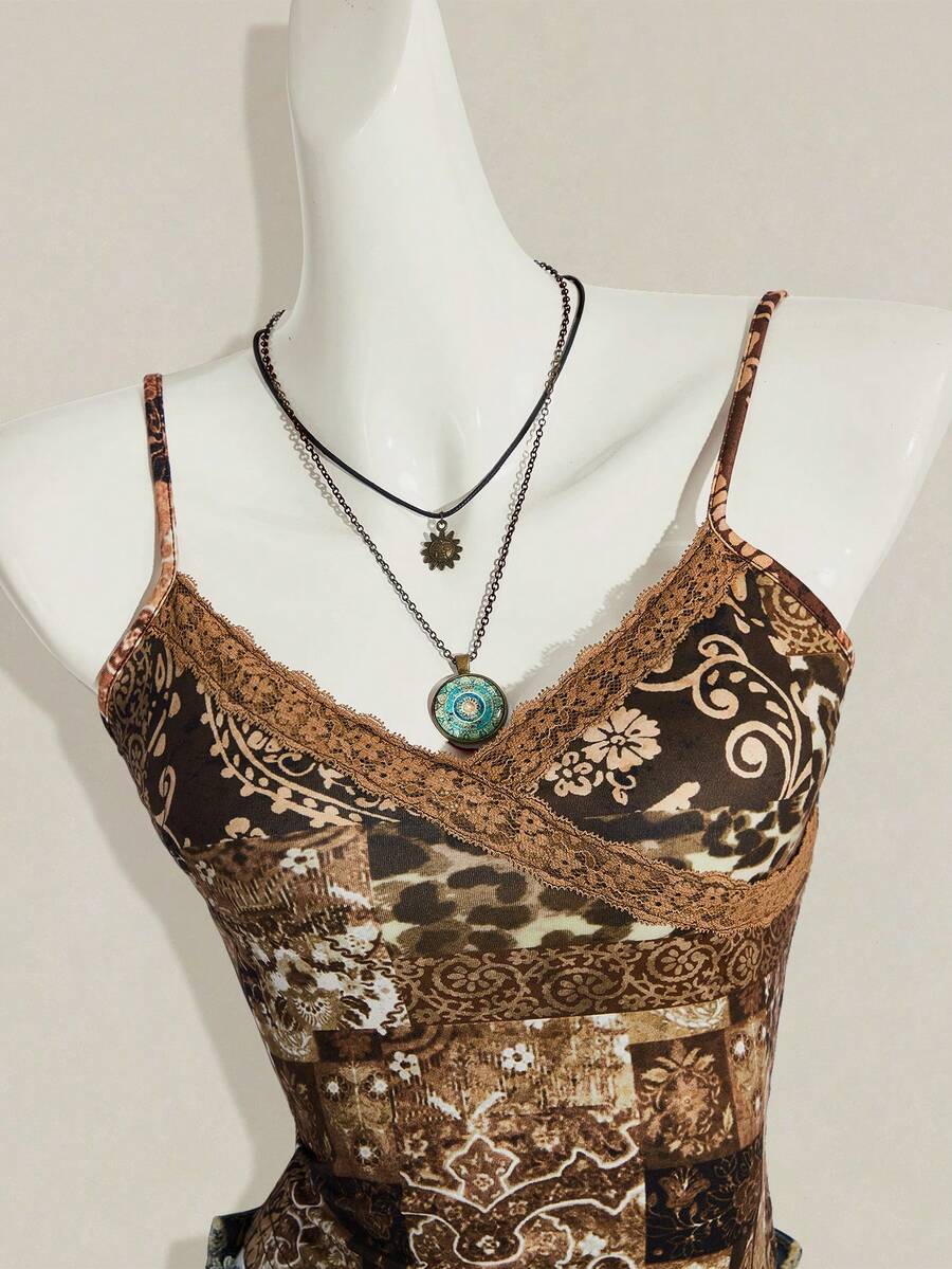 SHEIN ICON 女款豹紋拼接蕾絲時尚細肩帶背心 - 棕色 - 查看 1