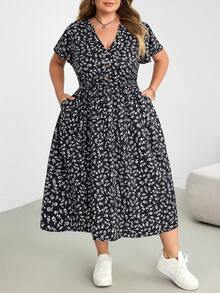 SHEIN CURVE+ Plus Size Women's Summer Beach Vacation Floral Collar Pleated Waistband Dress, Vacation Dress - Multicolor - View 7
