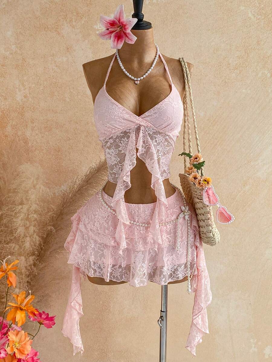 Soleia Women's Lace Patchwork Halter Tie Top And Ruffled Mini Skirt Sexy Y2k Date Beach Vacation 2-Piece Set Pink Floral Summer - Pink - View 1