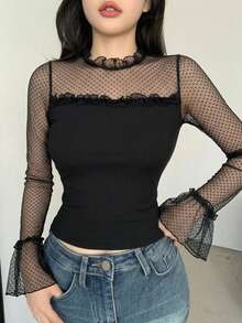 DAZY 女款黑色蕾絲飾邊拼接修身優雅通勤透視網紗短袖上衣，適合夏季與秋季，適用婚禮、宴會與派對 - 黑色 - 查看 5