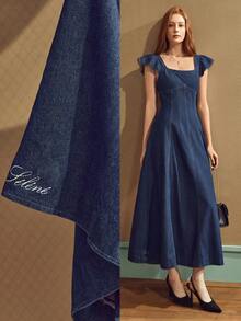 Selenza Women's Letter Print Casual Daily Wear Cap Sleeve Denim Dress - Dark Wash - View 1