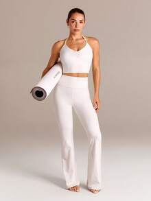 GLOWMODE FeatherFit™ Breathable Lightweight Ruched Front Princess Seams Adjustable Halter Crop Tank Summer Yoga Pilates Gym - White - View 9