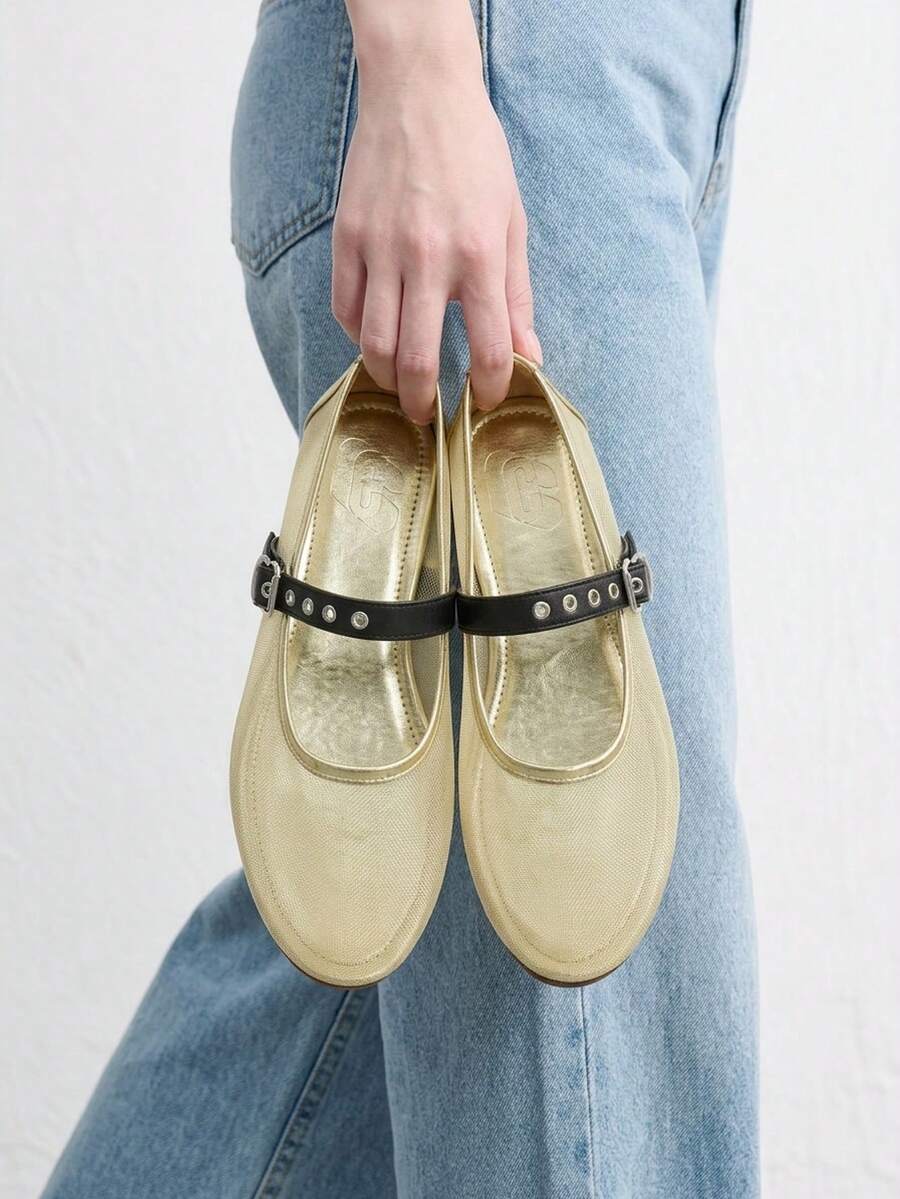 CUCCOO BIZCHIC Buckle Simple And Generous Fashion Versatile Casual Walking Workplace Commuter Women Flat Shoes - Gold. - View 1