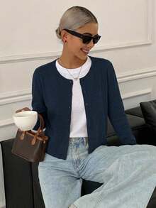 DAZY Women's Solid Color Round Neck Casual Long Sleeve Loose Open Front T-Shirt,Fall Clothes - Blue - View 8