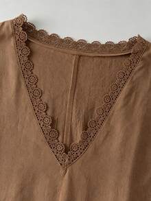 EMERY ROSE Women's Cotton Linen Lace Patchwork Short Sleeve Dress - Coffee - View 4