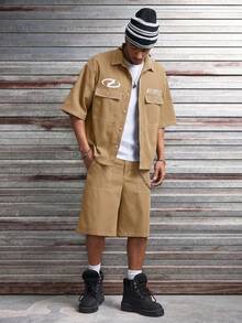 AXEPEAK Men's Letter Print Short Sleeve Cargo Pocket Shirt And Shorts Casual Set - Khaki - View 8