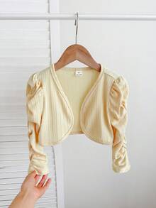 SHEIN 女童抓皺袖前開短版上衣，舒適百搭，適合春秋夏季，適用 4-7 歲，適合外出、上學、居家、度假與旅行，休閒日常穿著，姐妹款與母女套裝 - 芥末黃 - 查看 3