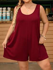 SHEIN CURVE+ 女款大尺碼純色圓領口袋休閒軟挺商務休閒寬鬆連身褲，適合早午餐、度假，酒紅色，夏季 - 酒紅色 - 查看 5