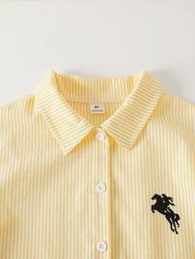 SHEIN 3件套黃色長袖條紋數位印花襯衫、黑色長褲、細肩帶背心，適合春夏戶外穿著 - 黑色 - 查看 7