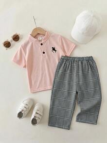 SHEIN Unisex Baby Boy/Girl Baby Boy 3pcs Spring/Summer Casual Fashion Pink Polo Shirt And Grey Plaid Long Pants And Shawl Set, Baby Boy Outfit Sets, Baby Boy Summer Clothes, Squishy, Vintage - Pink - View 5