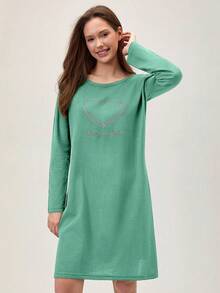 Loomlin Women Cotton Contrast Colour Heart&Lettered Round Neck Printed Long Sleeve Pajama Dress - Green - View 4