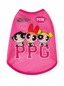 THE POWERPUFF GIRLS X SHEIN 卡通超級英雄女孩印花網眼寵物背心，透氣運動風無袖背心，適合貓咪與多尺寸狗狗 (XXS-XXXXXL)，輕量適合夏季戶外活動 - 玫紅色 - 查看 6
