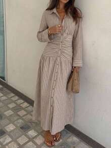 Siren Gaze Autumn Women Brown Striped Long Sleeve Single-Breasted Ruched Waist Long Dress Y2k Elegent Teachers' Day Streetwear Western Pleated Peplum Office - Multicolor - View 7