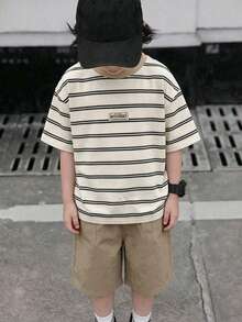 2pcs/Set Tween Boys Casual Comfortable Versatile Striped Print T-Shirt And Solid Color Shorts Set,Kids - Apricot - View 5