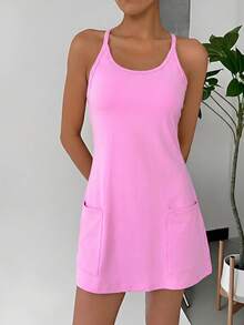 SHEIN EZwear 女士休闲纯色吊带连衣裙，适合夏季日常通勤 - 粉色 - 查看 4