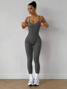 Slayform Slayform Women's Yoga Ribbed Jumpsuit Pants - Dark Grey - View 5