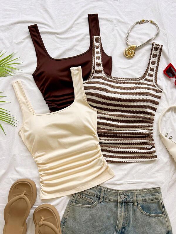 Soleia Spring/Summer New Back To School Casual Vacation Western Beach Wedding Guest Graduation Brunch Women's Clothing St. Patrick's Day Spring Break Easter Music Festival Elegant Bohemian Tropical Elegant Square Neck Ruched Date Valentine's Day Knit Women's Tank Top