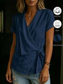 SHEIN Women's Blue Cross V-Neck Tie Front Blouse, Women's Vacation Shirt - Navy Blue - View 6