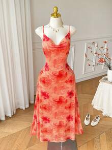 CovetEZ Plus Size Women's Elegant Floral Print Cowl Neck Spaghetti Strap Dress - Orange - View 3