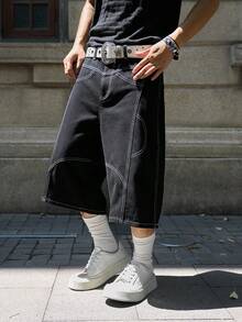 Manfinity EMRG Men's Loose Casual Denim Wide Leg Shorts With Pockets - Black - View 4