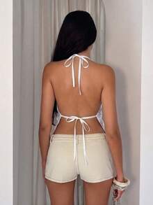 Glamine Top de tirantes finos sin espalda con bordado de lentejuelas verde para mujer, top sexy de moda para vacaciones, top con bordado de lentejuelas - Blanco - Ver 2