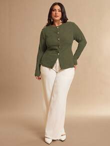 SHEIN BAE Plus Size Women's Casual Solid Color Front Button Top, Spring/Autumn - Army Green - View 6