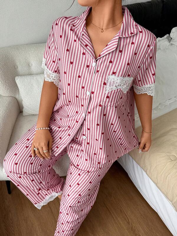 Napfluff CURVE Napfluff CURVE Sweet Heart Print Striped Lace Trim Plus Size Loungewear Pajama Set (2pcs)