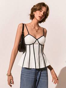 Poéselle 100% Pure Slub Cotton Color Trim Cami Tank Women, Summer Fashion Sleeveless Vest, Fall Winter Inner Layering Top For Back To School - White - View 7